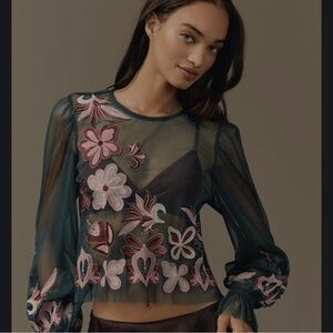 NWT By Anthropologie Long-Sleeve Embroidered Mesh Top Dark Turquoise